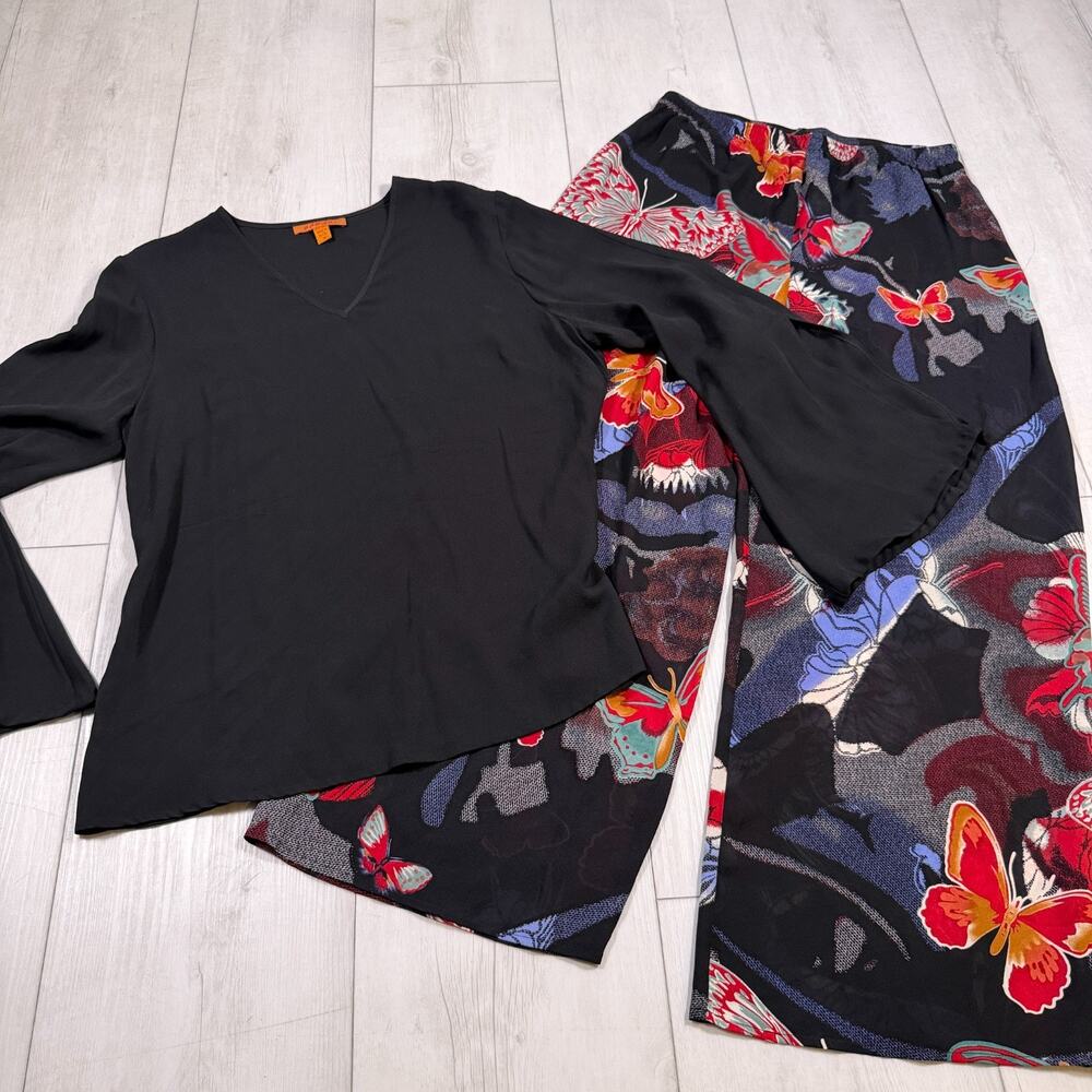 Harari 100% Silk 2 Piece Set Tunic Pants Butterfly Flared Sleeves Women's Med